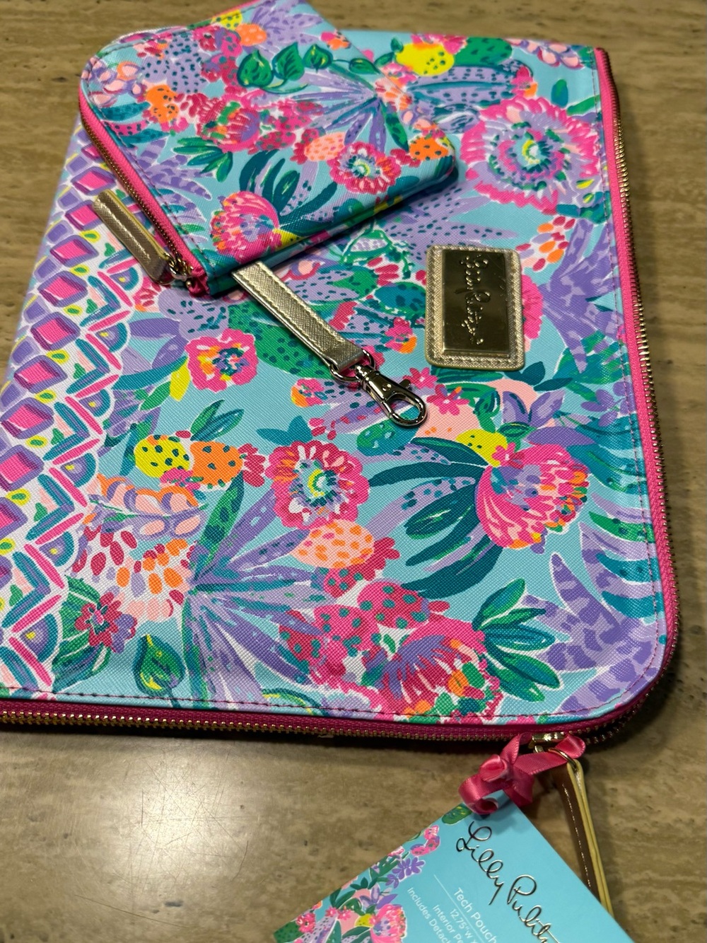 Lilly Pulitzer Turquoise Floral Tech Pouch with Pink Accents